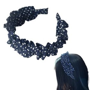 Ruffle Headbands Women Girls Handmade Hair Navy Blue Polka Dots